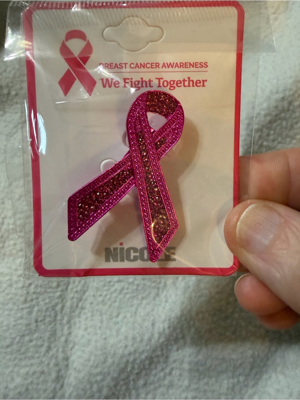 Nicole Pink Glitter Breast Cancer Awareness Ribbon Brooch